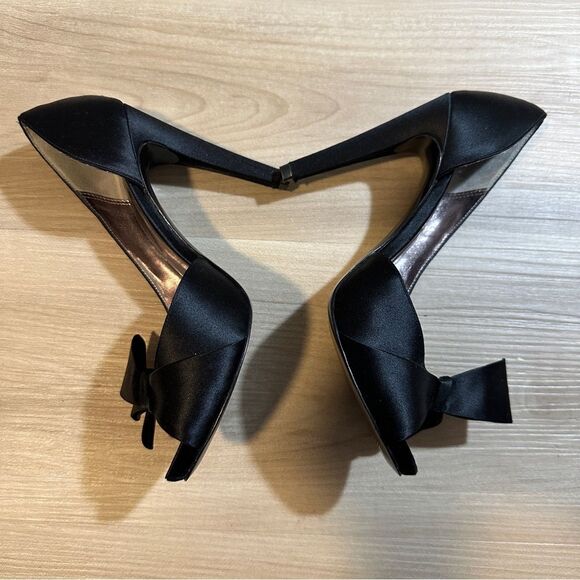 rsvp Black Satin Open-Toe Pumps Heels with Bow Size 7 - Picture 8 of 12